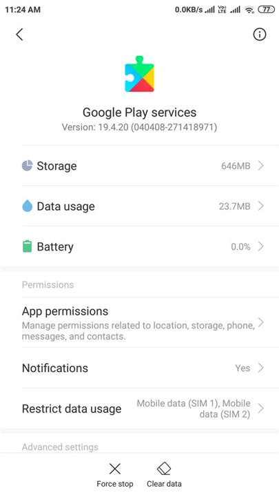 Google Play services screenshot