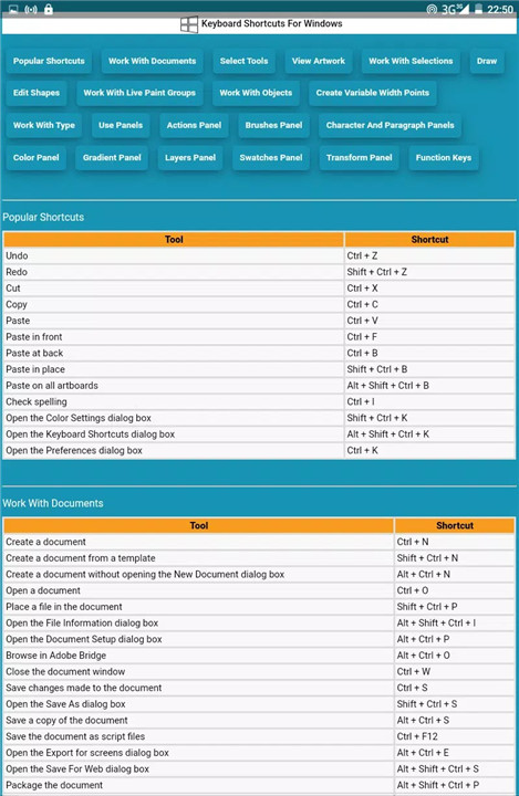 illustrator shortcuts screenshot