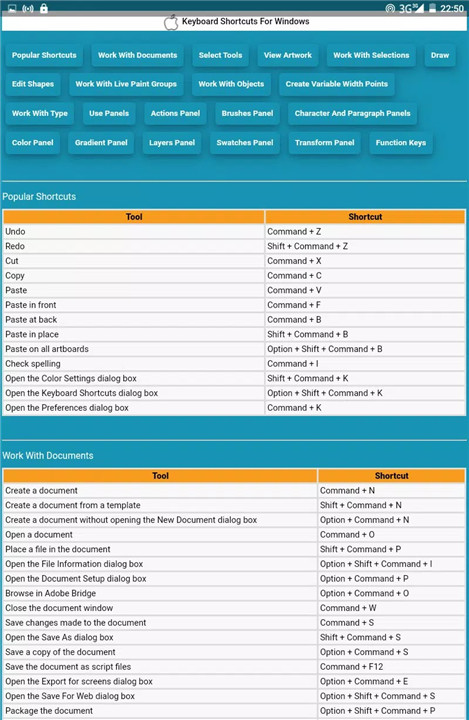 illustrator shortcuts screenshot