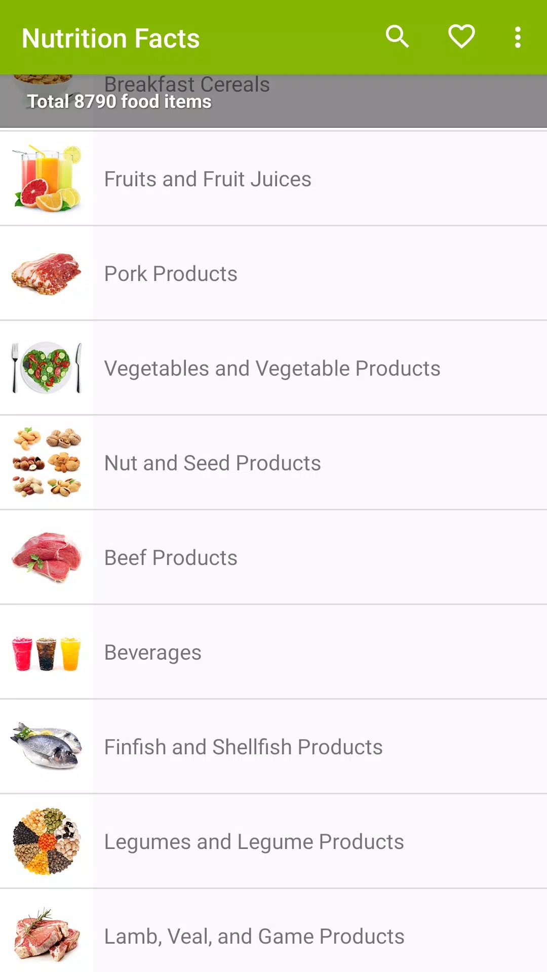 Nutrition facts screenshot