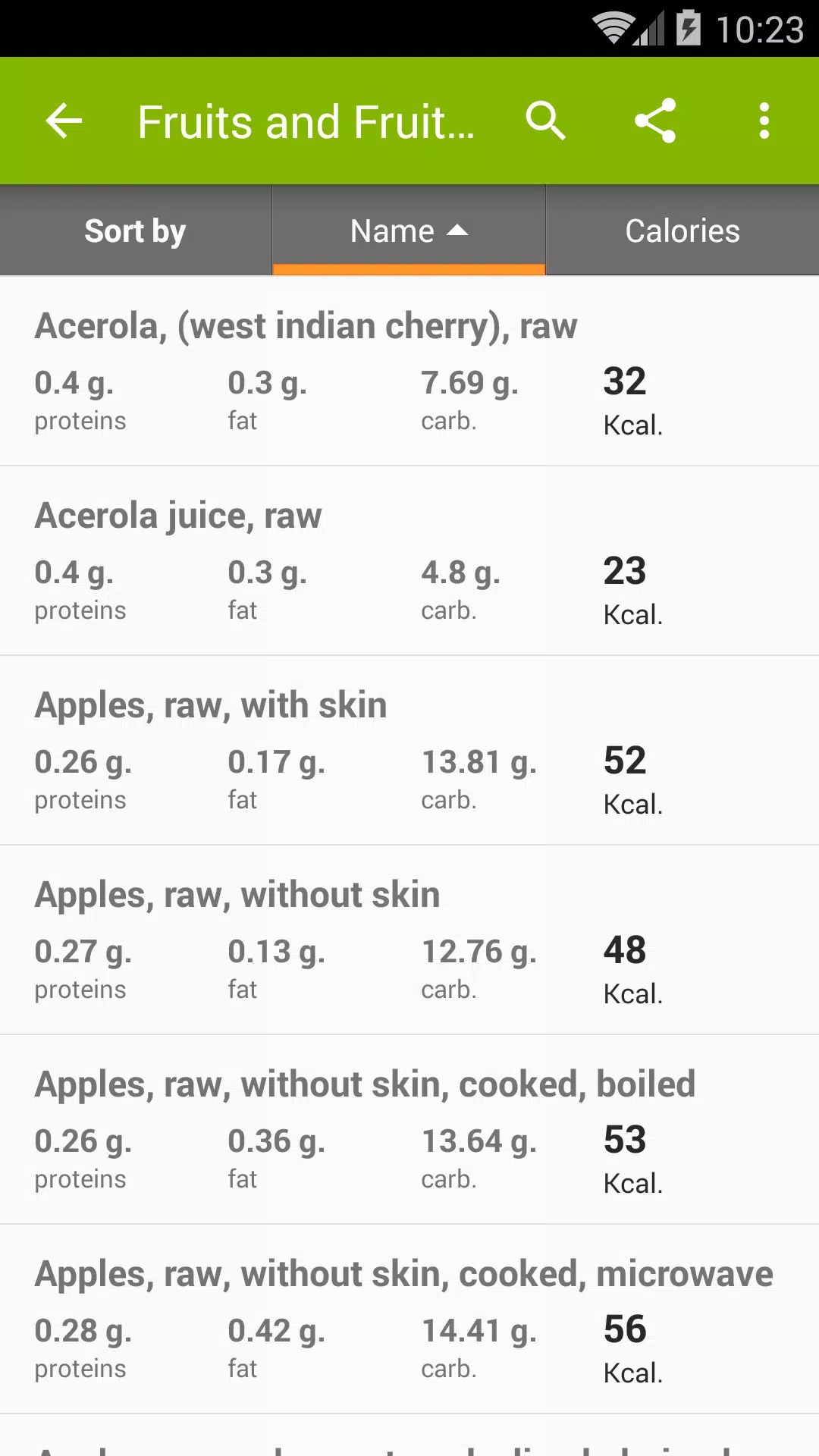 Calories in food screenshot