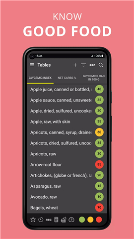 Glycemic Index. Diabetes diary screenshot