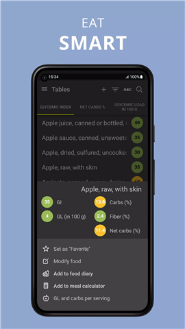 Glycemic Index. Diabetes diary screenshot