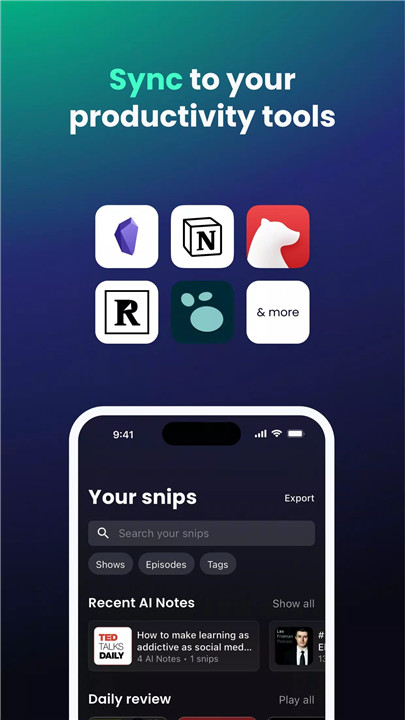 Snipd - AI Podcast Player screenshot