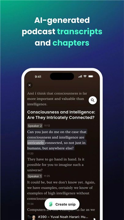 Snipd - AI Podcast Player screenshot